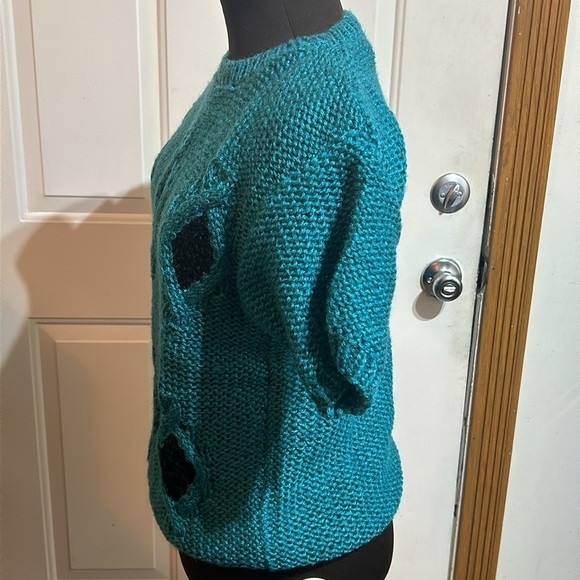 Country Suburbans Hand Knit Teal& Black Diamond Short Sleeve Sweater Size M - Picture 2 of 5